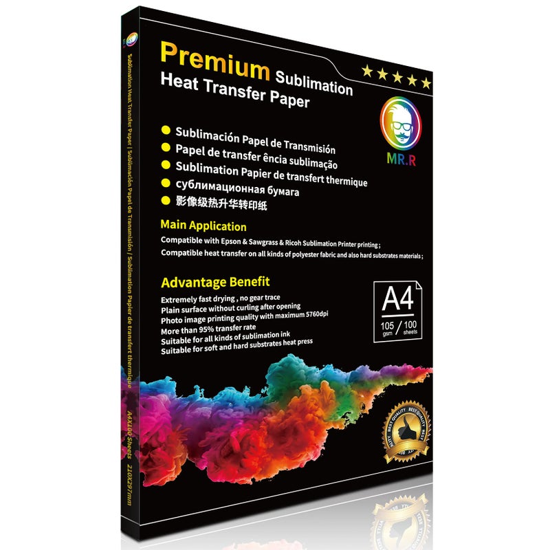 MR.R Premium Sublimation Heat Transfer Paper for EPSON and Sawgrass 105gsm A4 8.25''X11.69'',100 Sheets per Pack - Image 1